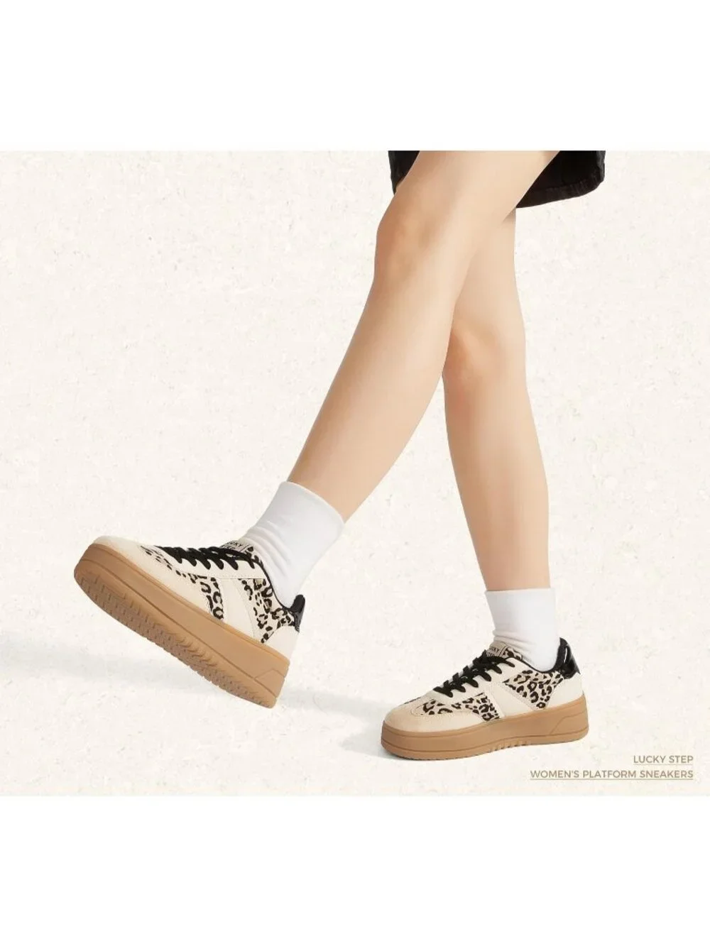 Women's Beige/Leopard Lace Up Platform Thick Sole Comfortable Fashion Sneakers